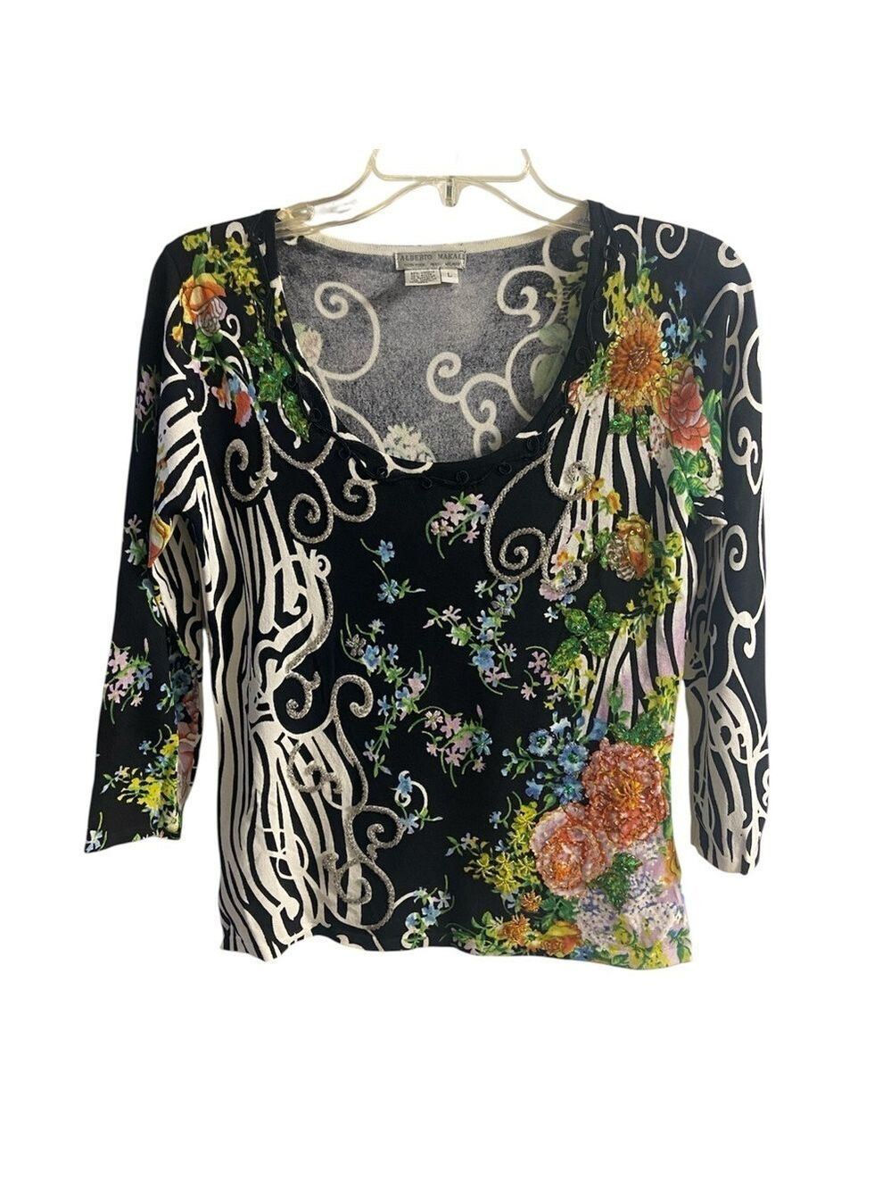 Alberto Makali Black Multicolor Floral Zebra Blouse Medium